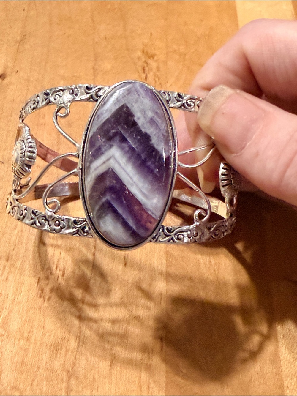 Purple Chevron Amethyst Stone Cuff Bracelet - 925 Plated/Stamped